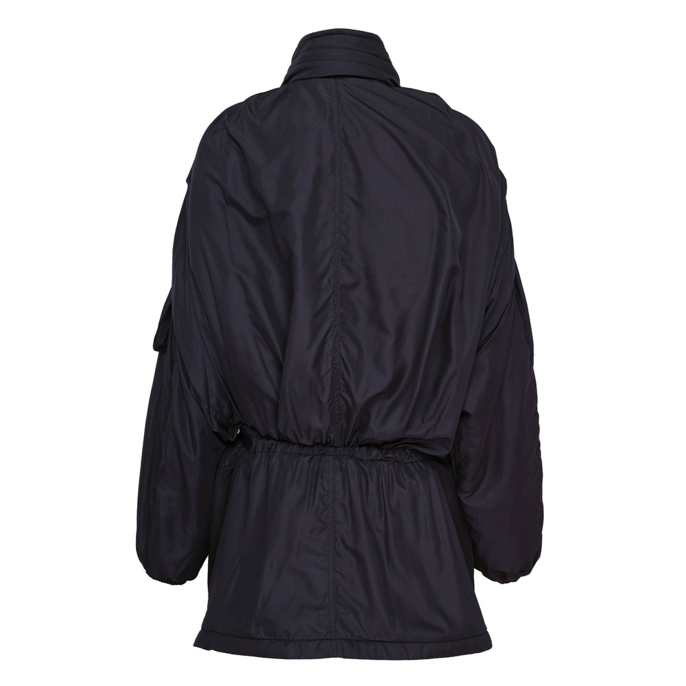 Open YY Belted Cargo Field Jacket in navy, featuring oversized ruched silhouette, high funnel neck, integrated waist belt, and large hip patch pockets