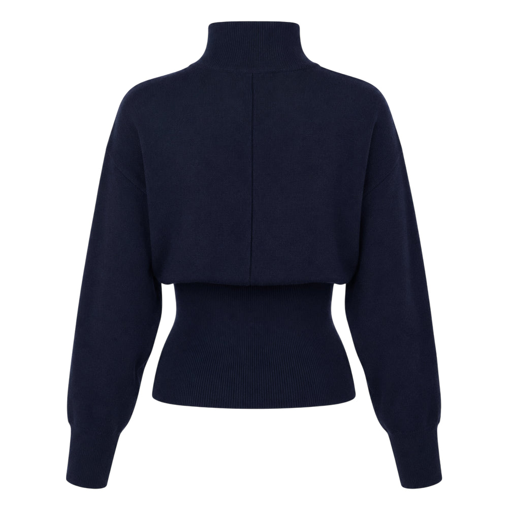 Open YY Button Up Blouson Cardigan in navy, featuring a mock-neck collar, full button-through front placket, batwing sleeves, and a fitted ribbed waistband