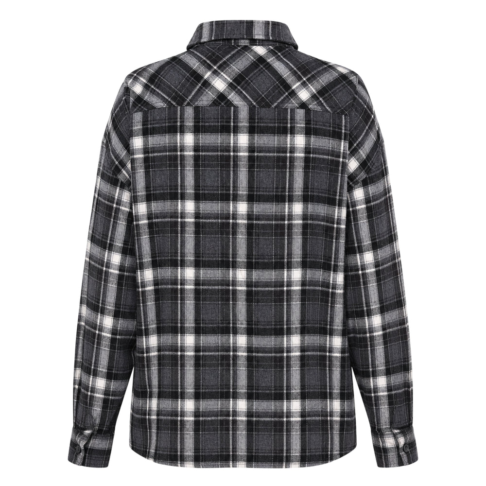 Open YY Checkered Crinkle Ruffle Shirt in grey plaid flannel with eclectic vertical ruffle and crinkle fabric strips in mixed prints down the front placket, long sleeves, and button closure