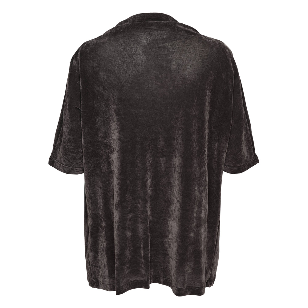 Open YY Velvet Cowl Neck Tee in deep charcoal, back view showing dramatic draped cowl panel and open-back construction