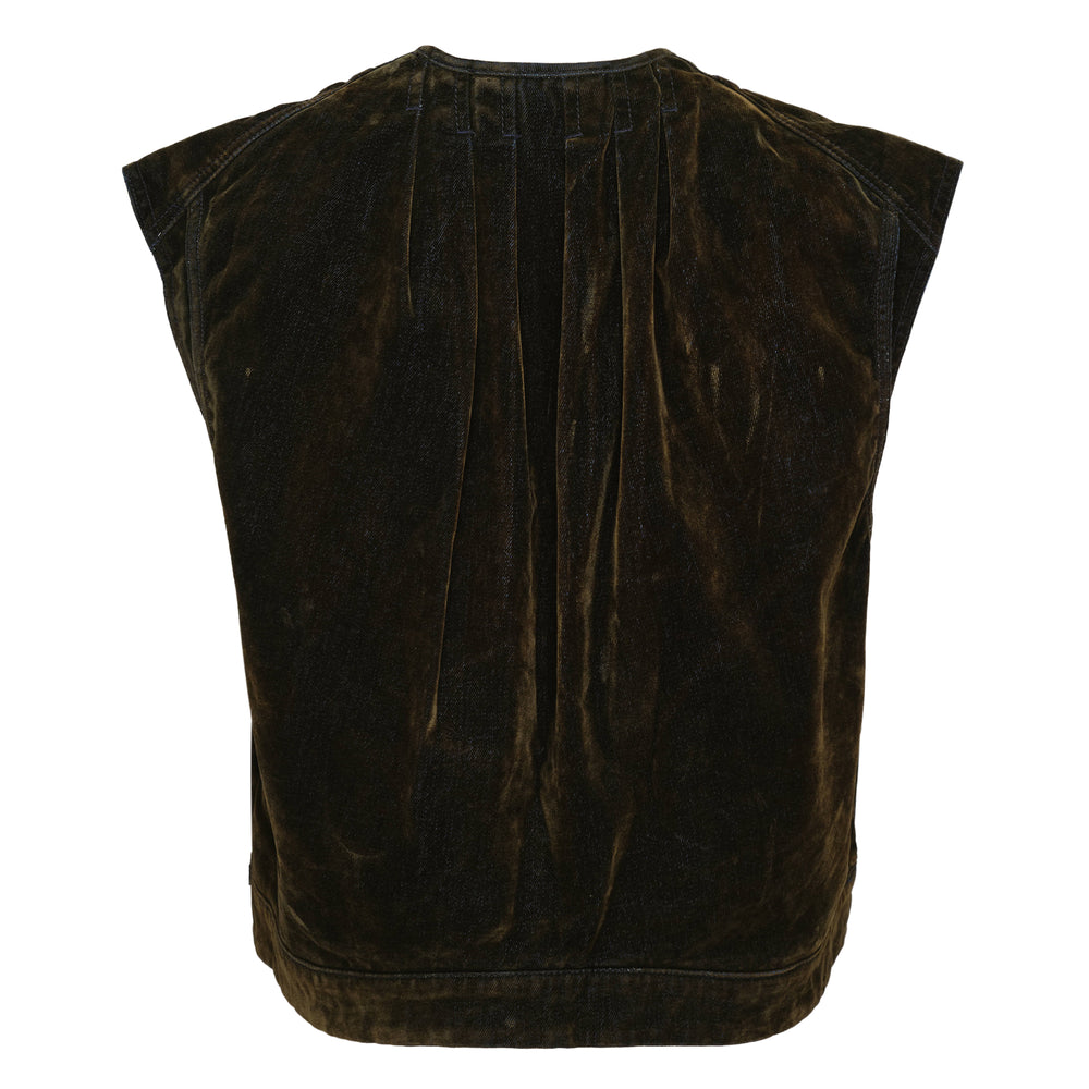 Open YY Velvet Denim Cargo Vest in dark overdyed olive-black, featuring a collarless V-neckline, central zip closure, and dual zip cargo pockets, photographed flat on a white background