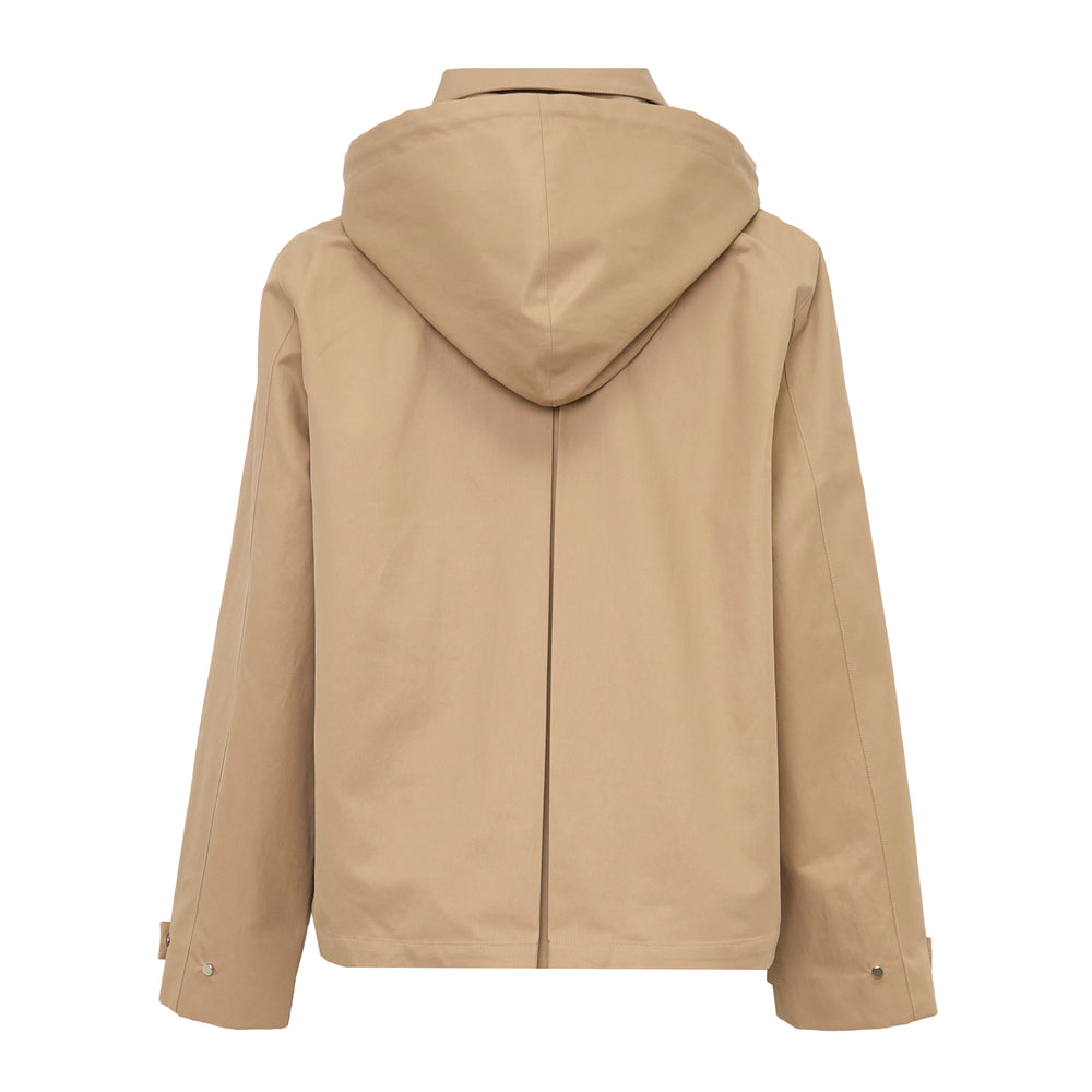 The Loom Atelier Hooded Parka Blouson in camel, featuring a rope drawstring hood, concealed zip front, point collar, flap patch pockets, and button-tab cuffs, displayed flat on a white background - view 2