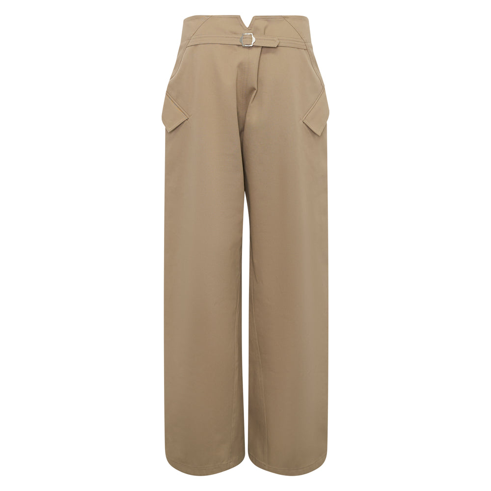The Loom Atelier Spiral Line Barrel Trousers in camel — high-rise wide-leg silhouette with flap hip pockets and structured waistband, flat lay on white background - view 2