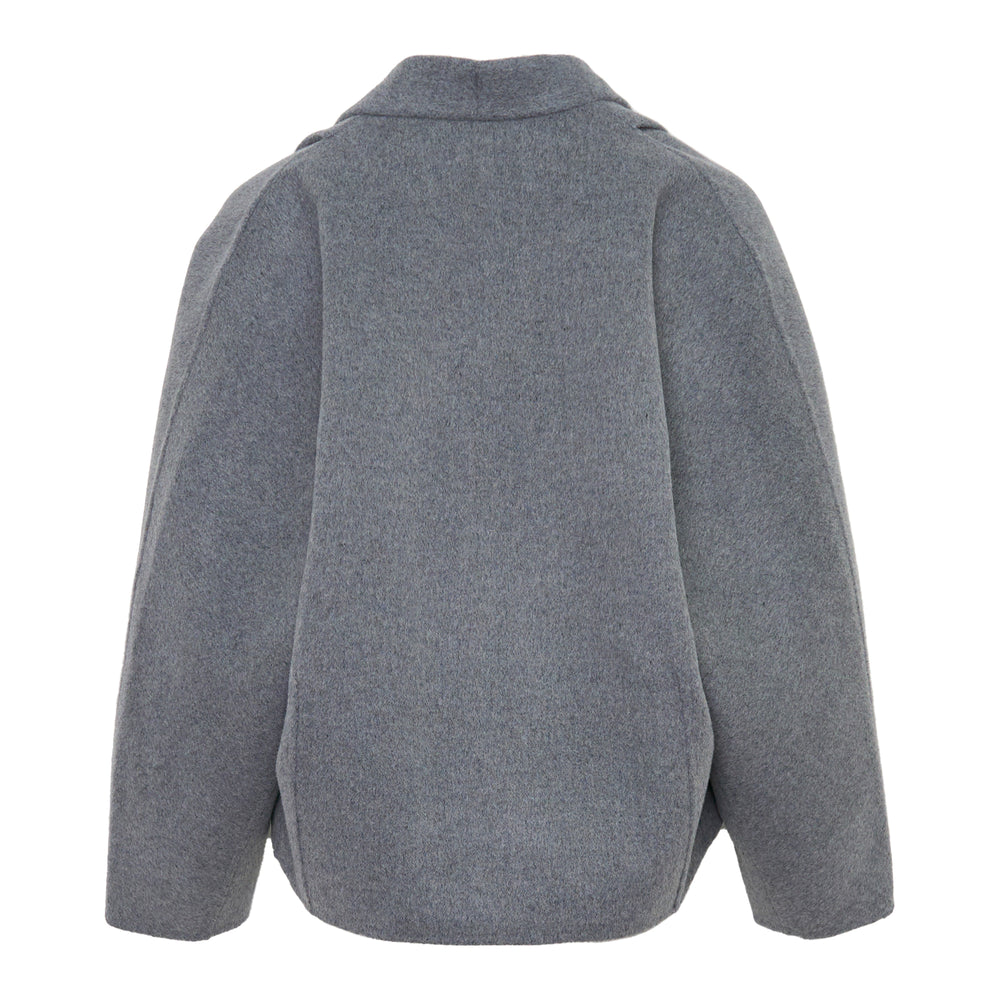 The Loom Atelier Sculpt Wrap Jacket in heather grey, featuring a draped open-front lapel, cocoon silhouette, and wide sleeves, photographed flat on a white background - view 2