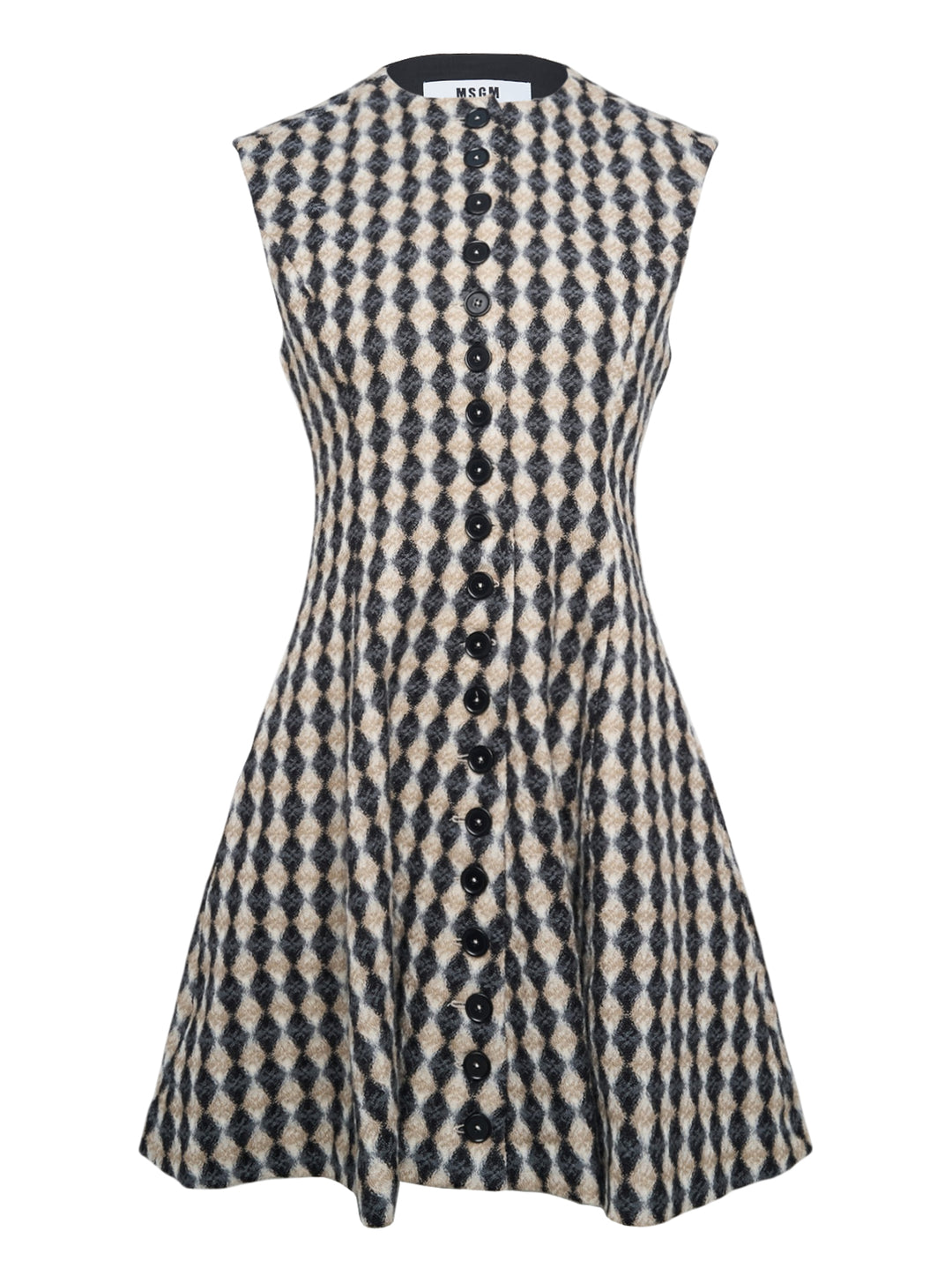 MSGM sleeveless fit-and-flare dress in beige and charcoal diamond harlequin check with full-length dark button fastening