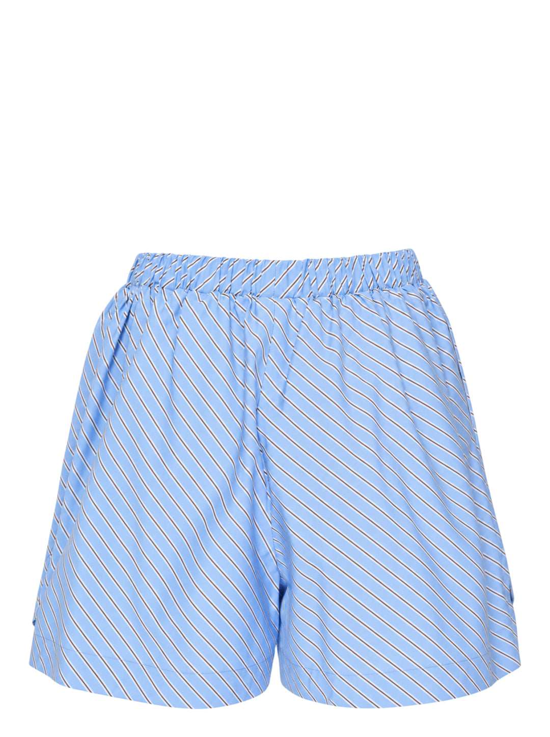 MSGM diagonal stripe shorts in light blue with a flared silhouette, elasticated waistband, and woven MSGM Milano label, front view on white background - view 2