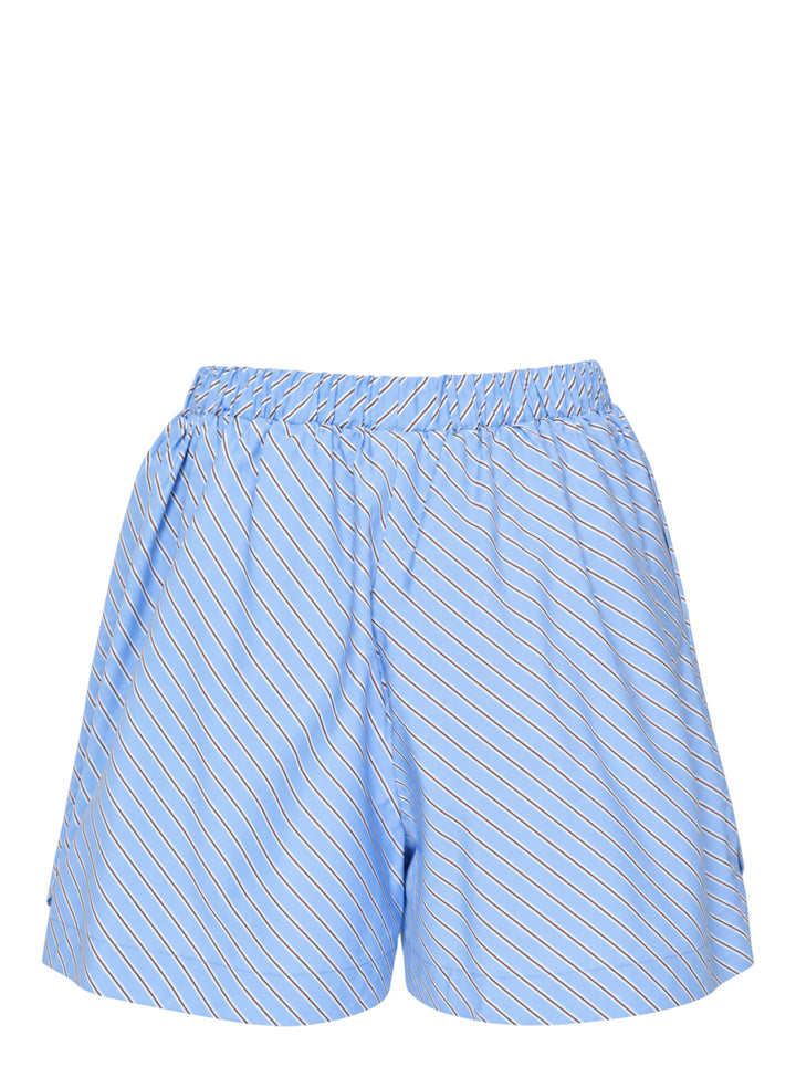 MSGM diagonal stripe shorts in light blue with a flared silhouette, elasticated waistband, and woven MSGM Milano label, front view on white background - view 2