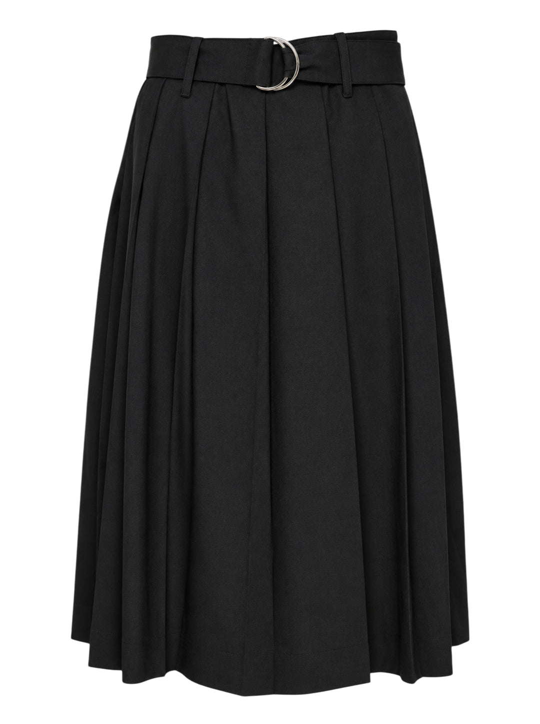 MSGM black pleated midi skirt with high-rise waistband, D-ring silver-tone belt, and cascading box pleats, photographed on a white background