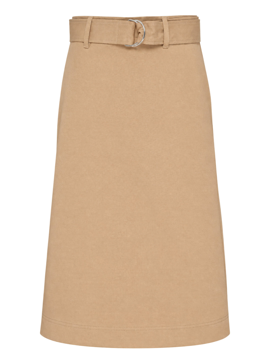 MSGM camel twill A-line midi skirt with matching self-fabric belt and silver double D-ring buckle