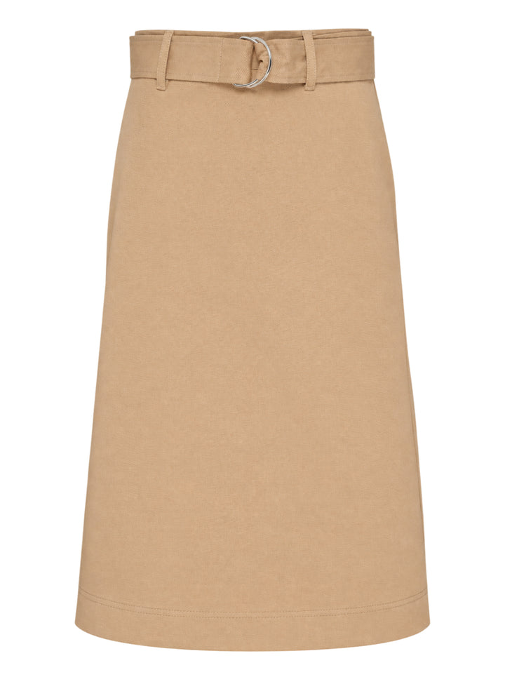 MSGM camel twill A-line midi skirt with matching self-fabric belt and silver double D-ring buckle