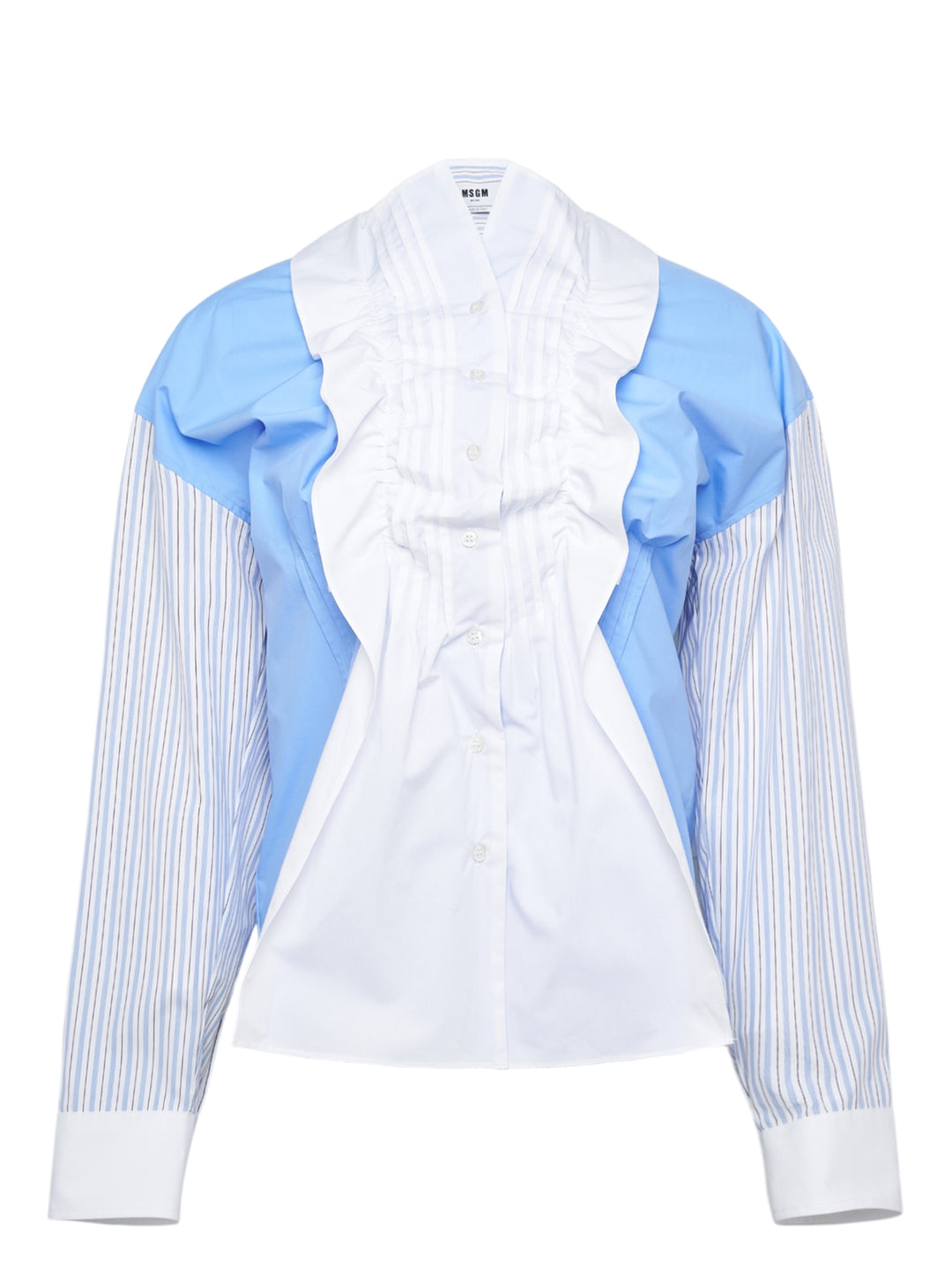 MSGM ruffle-front patchwork shirt with sky-blue shoulder panels, fine-striped sleeves, and a white poplin gathered ruffle bib with button fastening