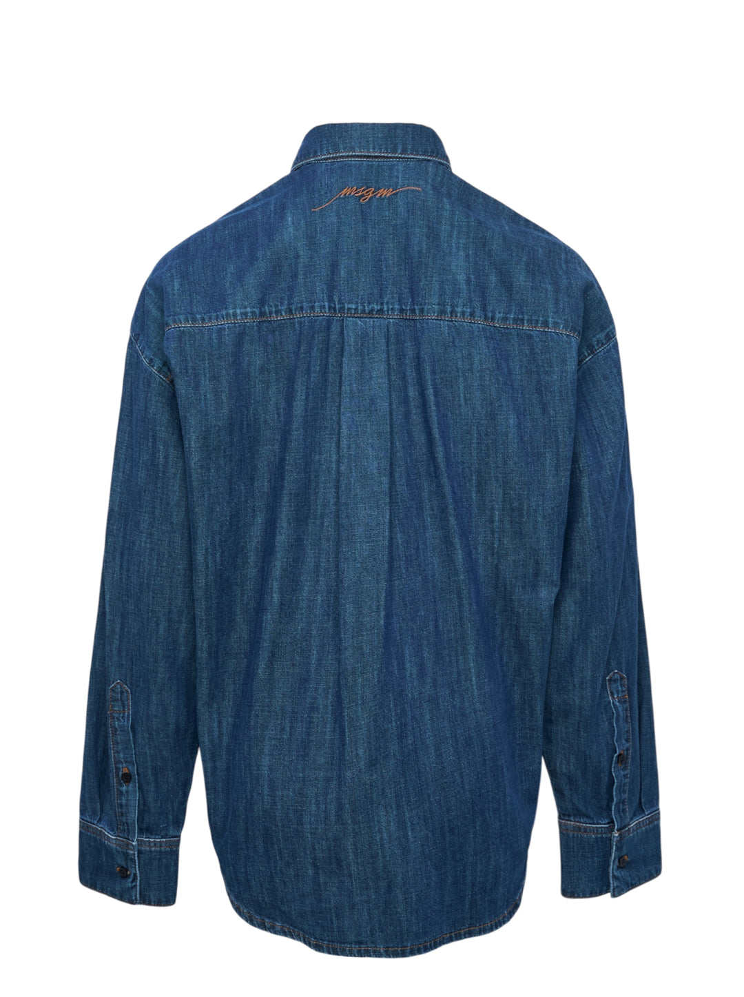 MSGM indigo denim blouse with sculptural attached bowtie bib, button-down collar, full button placket, and wide double cuffs, displayed flat on a white background - view 2