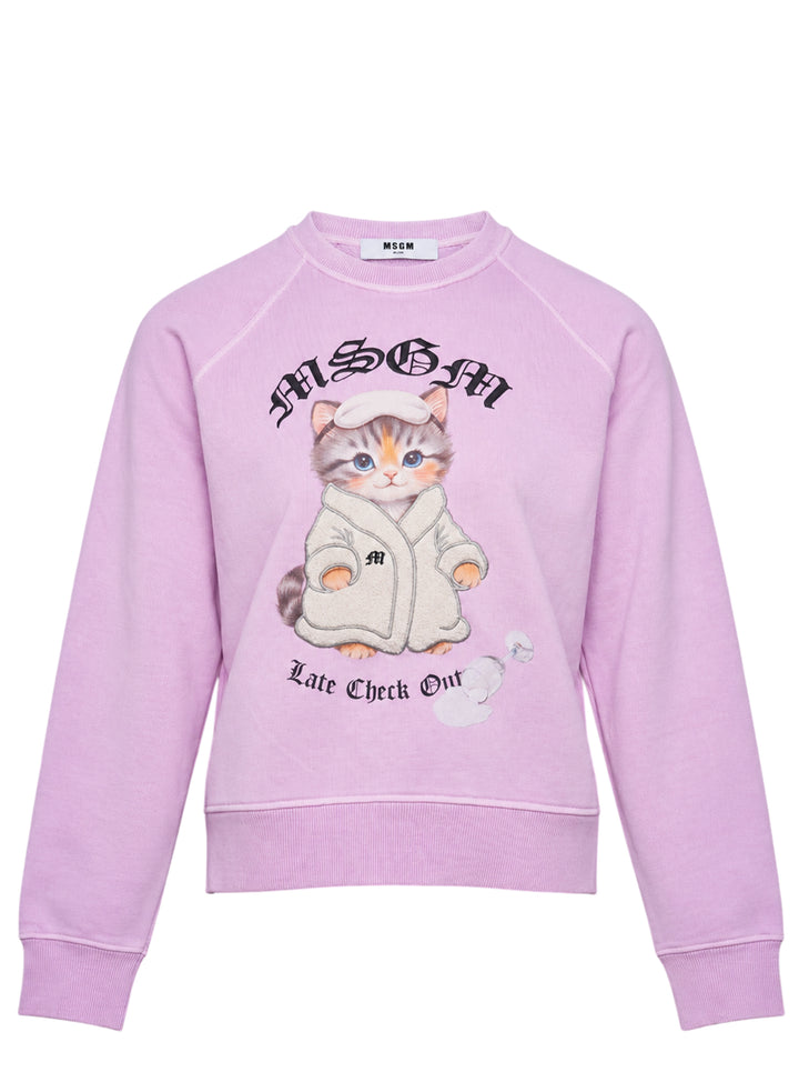 MSGM Bathrobe Cat Sweatshirt in lilac with gothic MSGM logo, illustrated kitten in a monogrammed bathrobe, and 'Late Check Out' slogan print on the chest
