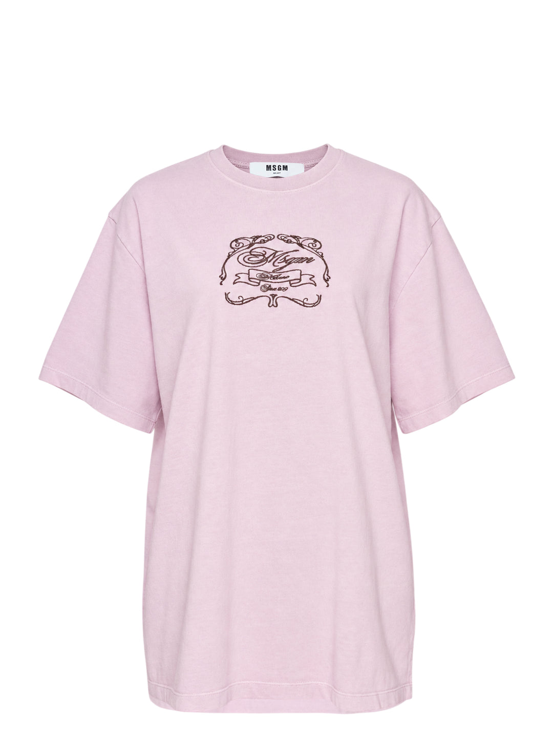 MSGM Insignia Print Tee in soft lilac with ornate crest graphic at the chest, oversized fit with short sleeves and crew neckline