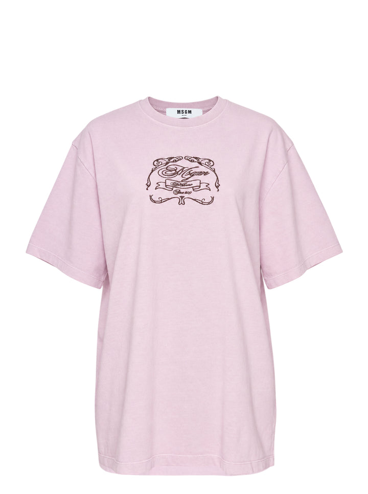 MSGM Insignia Print Tee in soft lilac with ornate crest graphic at the chest, oversized fit with short sleeves and crew neckline
