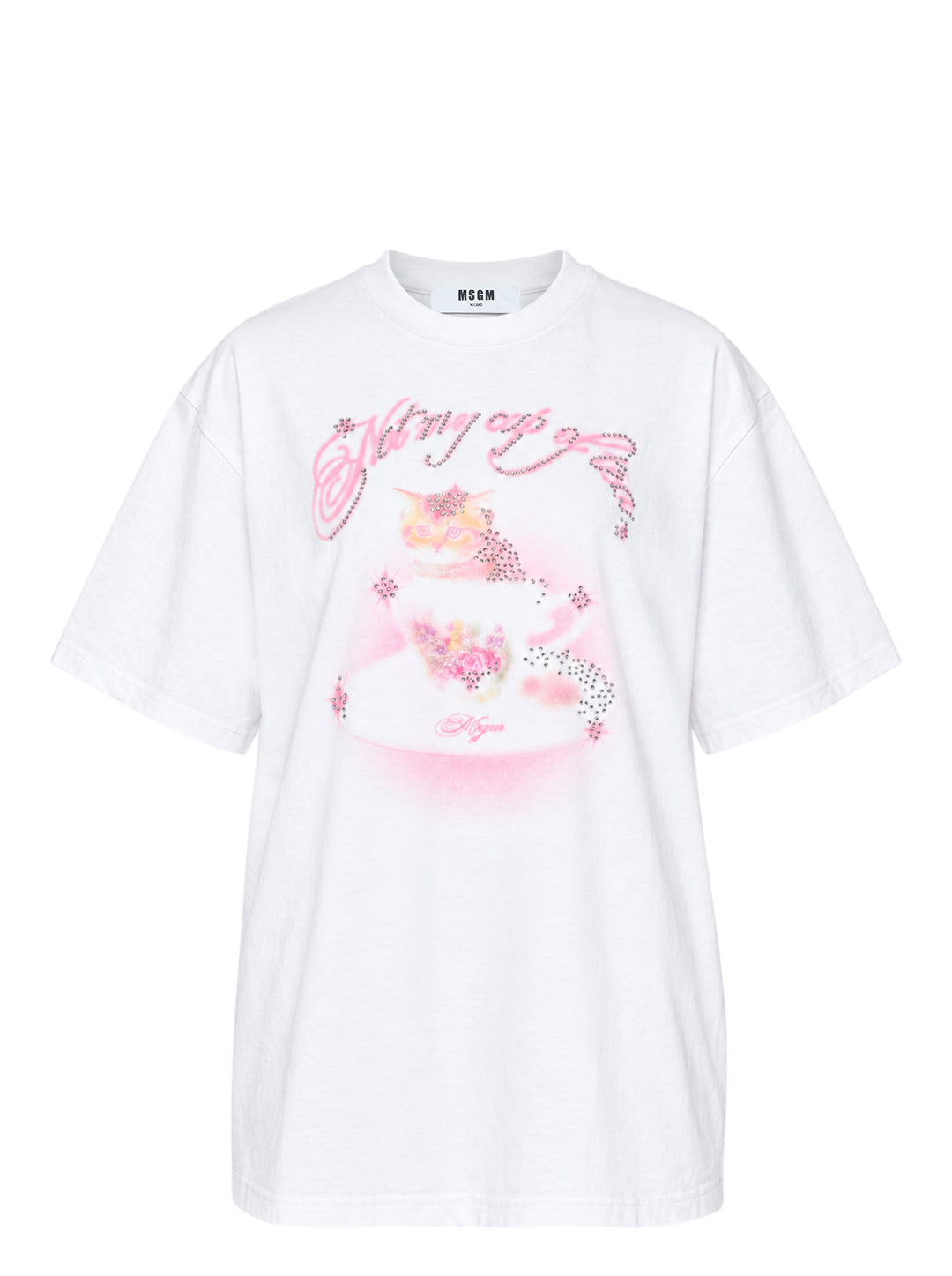 MSGM white oversized crew-neck tee featuring an airbrushed pink cat-in-a-teacup graphic with rhinestone crystal embellishments and MSGM script lettering