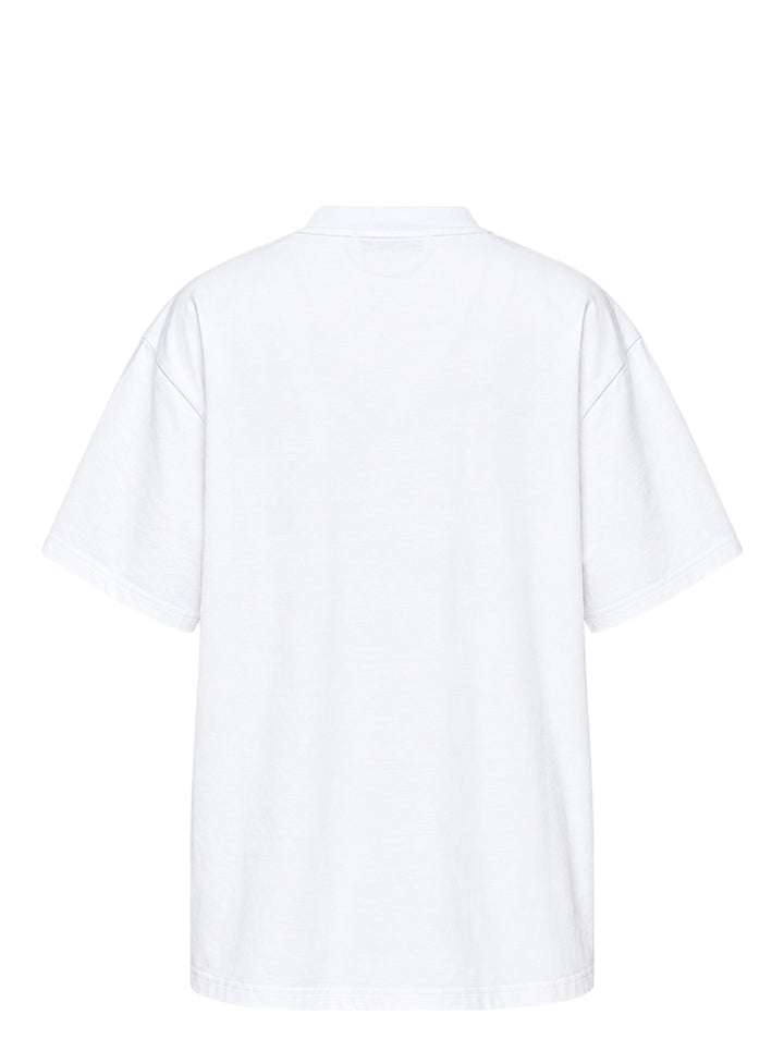 MSGM white oversized crew-neck tee featuring an airbrushed pink cat-in-a-teacup graphic with rhinestone crystal embellishments and MSGM script lettering - view 2