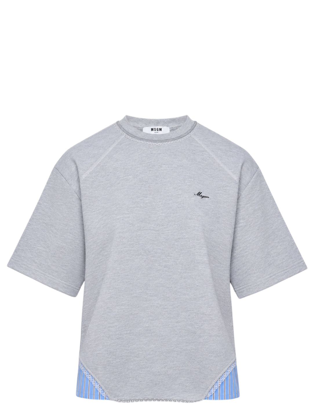 MSGM grey marl short sleeve T-shirt with blue striped fabric inserts at the hem, lace trim at the neckline, and embroidered MSGM script logo at the chest