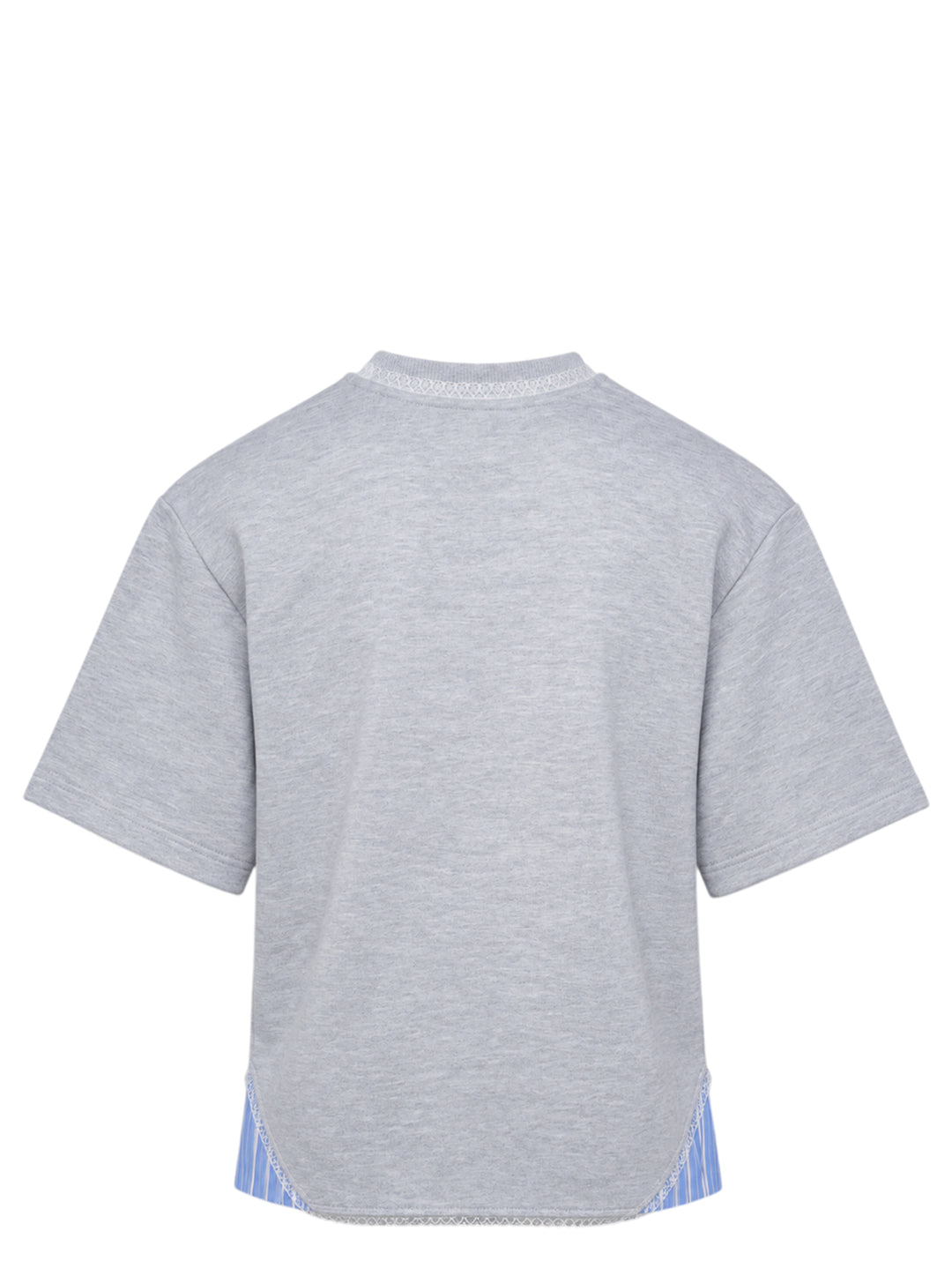 MSGM grey marl short sleeve T-shirt with blue striped fabric inserts at the hem, lace trim at the neckline, and embroidered MSGM script logo at the chest - view 2