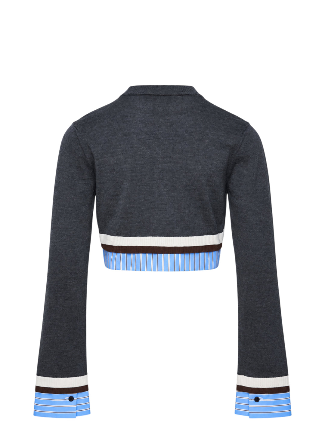 MSGM cropped charcoal knit cardigan with button-through front, contrast pale blue pinstripe shirting panels at hem and cuffs, and cream and dark brown stripe trim - view 2