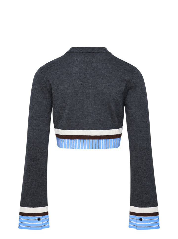 MSGM cropped charcoal knit cardigan with button-through front, contrast pale blue pinstripe shirting panels at hem and cuffs, and cream and dark brown stripe trim - view 2
