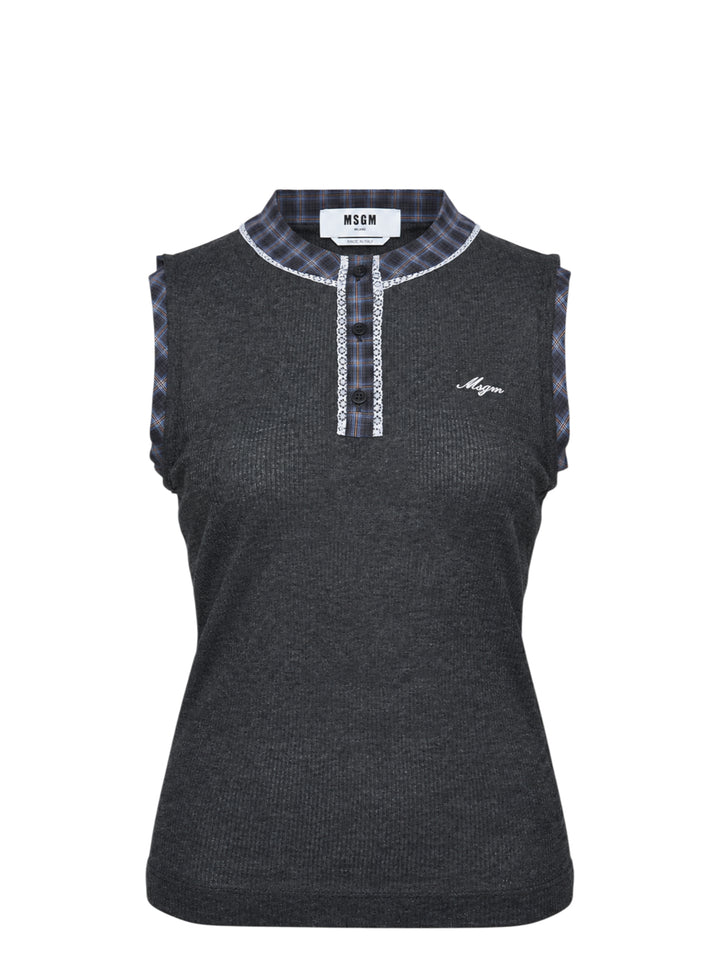 MSGM charcoal fine-knit sleeveless tank top with plaid checkered collar and shoulder trims, lace-edged button placket, and embroidered script logo on the chest