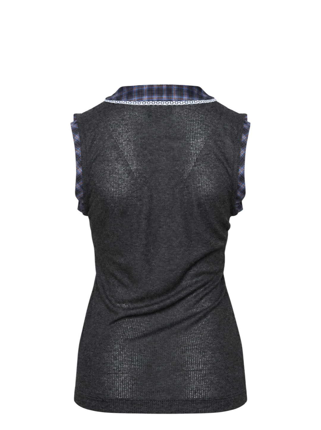 MSGM charcoal fine-knit sleeveless tank top with plaid checkered collar and shoulder trims, lace-edged button placket, and embroidered script logo on the chest - view 2