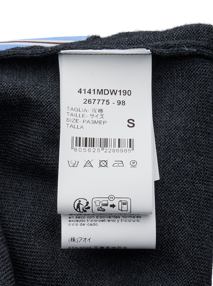 MSGM charcoal grey sleeveless knit vest with dark brown mock neck trim, trompe-l'œil striped shirting hem detail, and embroidered MSGM script logo at the front hem - view 3