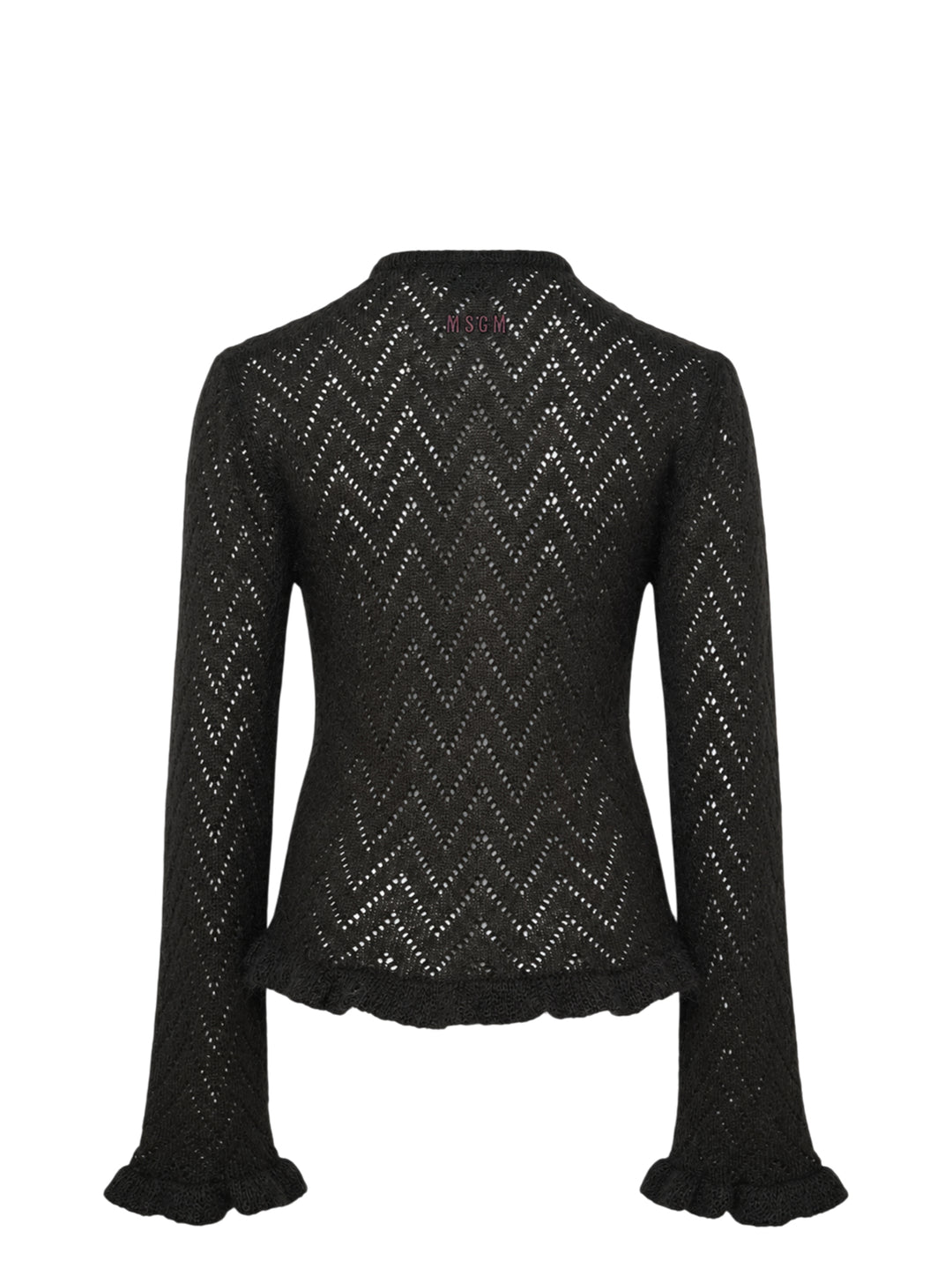 MSGM black chevron pointelle knit cardigan with button-front closure, flared bell sleeves with ruffle cuffs, and frayed ruffle hem trim - view 2