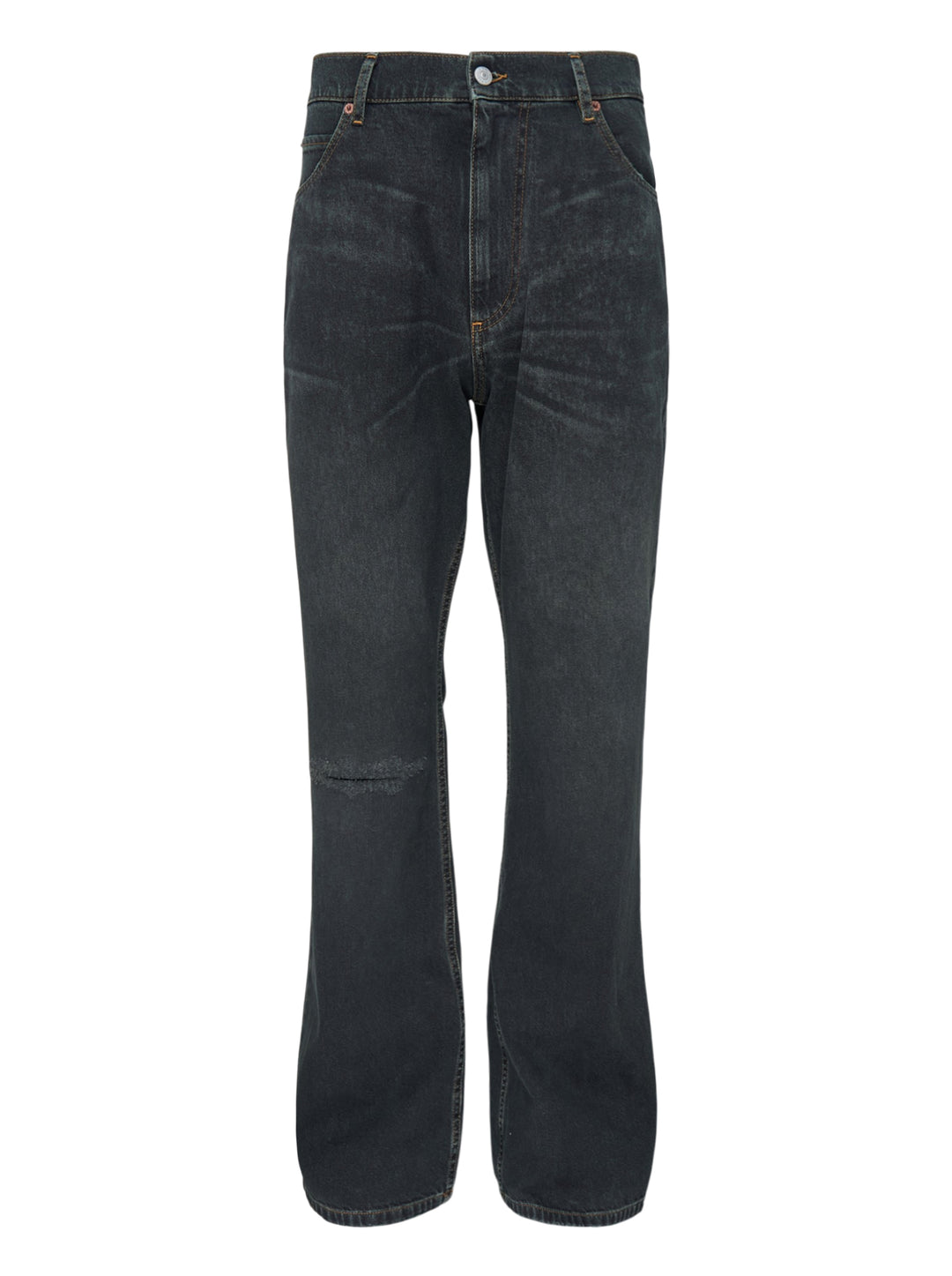 MM6 Maison Margiela black washed denim five-pocket jeans with distressed knee slit and straight leg, front view