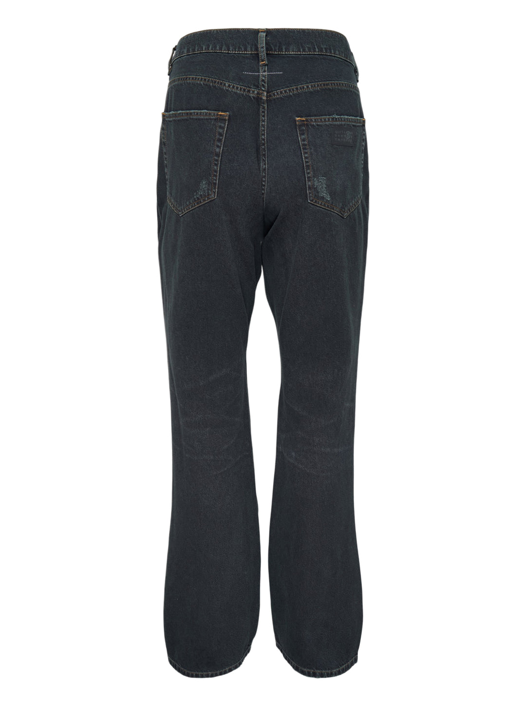 MM6 Maison Margiela black washed denim five-pocket jeans with distressed knee slit and straight leg, front view - view 2