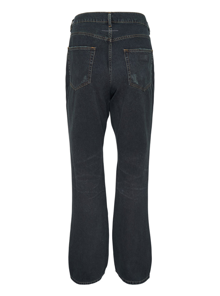 MM6 Maison Margiela black washed denim five-pocket jeans with distressed knee slit and straight leg, front view - view 2