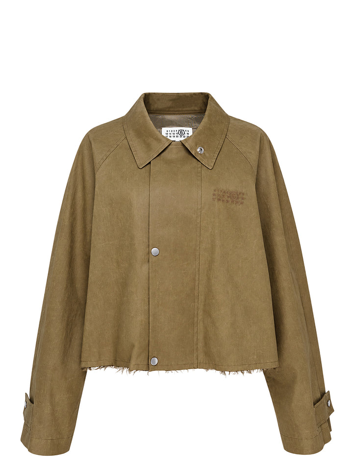 MM6 Maison Margiela cropped khaki coated trench jacket with raglan sleeves, snap front closure, pointed collar and raw frayed hem