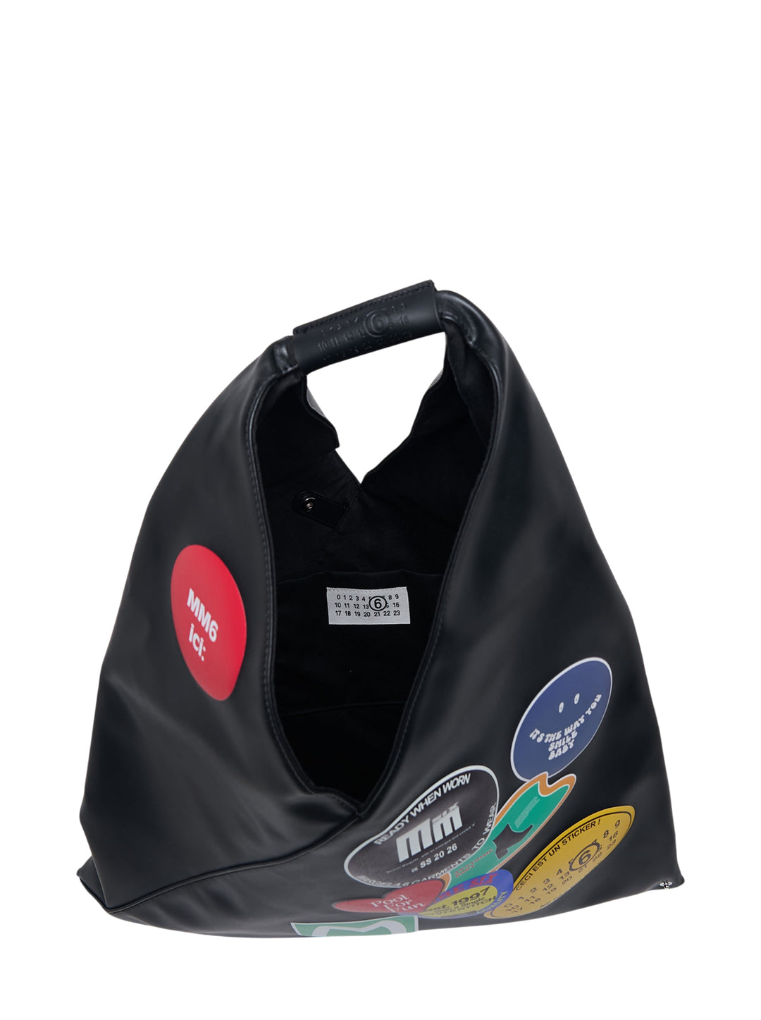 MM6 Maison Margiela Classic Japanese black triangular tote bag with colourful sticker graphics and a single top handle - view 3