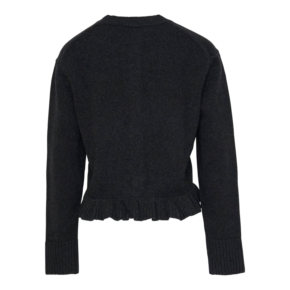 Cecilie Bahnsen Fibbie cropped recycled cashmere cardigan in charcoal with flower buttons and gathered ruffle hem