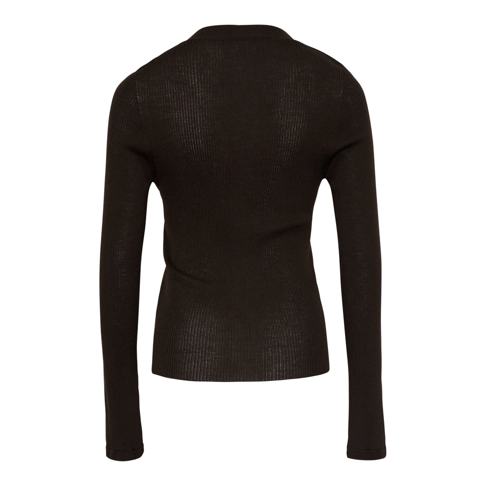 Cecilie Bahnsen Light Merino Cardigan in dark brown, featuring a ribbed knit, V-neckline, long fitted sleeves, and floral button fastening down the front