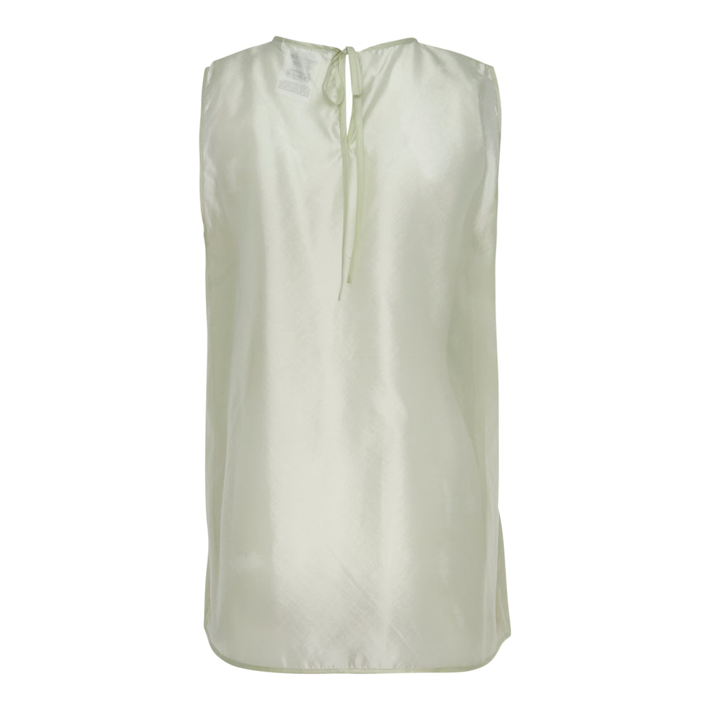 Cecilie Bahnsen Hybrid Organza Top in pale mint — sleeveless satin A-line silhouette with sheer organza bow appliqué and white piping detail at the chest, photographed front-facing on a white background