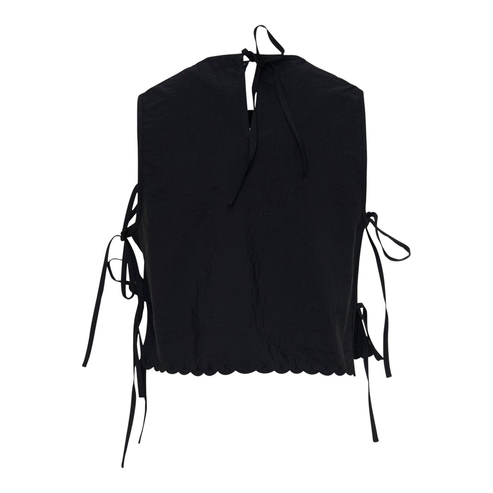 Cecilie Bahnsen black taffeta sleeveless top with side lace-up ties, scalloped hem, and keyhole back neckline, displayed flat on white background