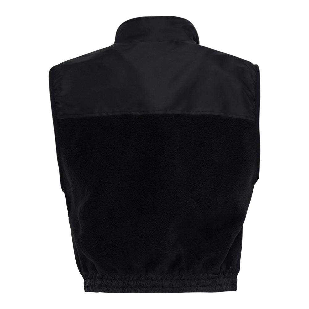 Cecilie Bahnsen Aspen Soft Fleece Vest in black, featuring a full-length zip, standing collar, nylon chest pockets with snap buttons, and an adjustable hem drawcord, displayed flat on a white background.