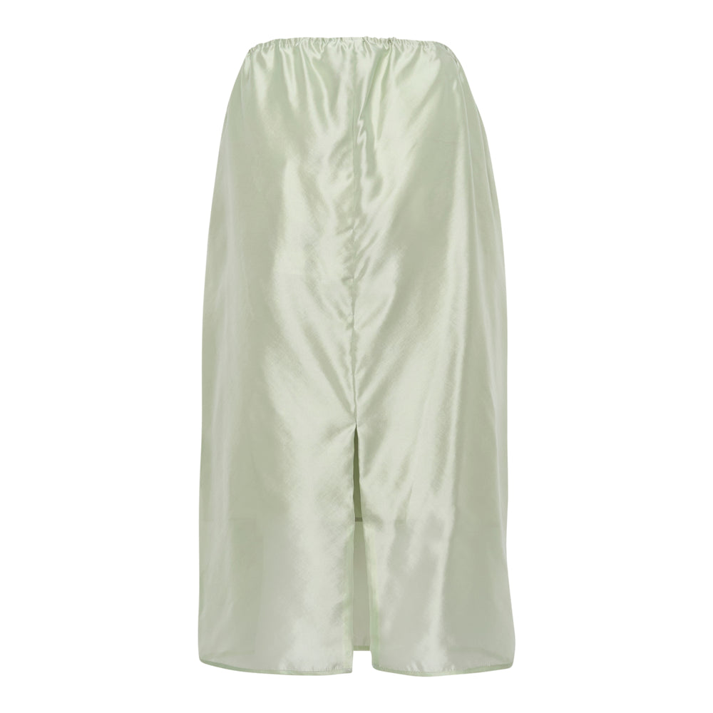 Cecilie Bahnsen Bria hybrid organza midi skirt in sage green with gathered drawstring waist and tonal bow embroidery near the hem