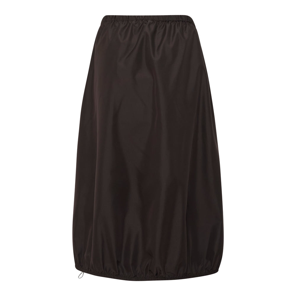 Cecilie Bahnsen Recycled Faille Midi Skirt in dark brown, featuring an elasticated gathered waist, voluminous cocoon silhouette, and adjustable drawstring hem
