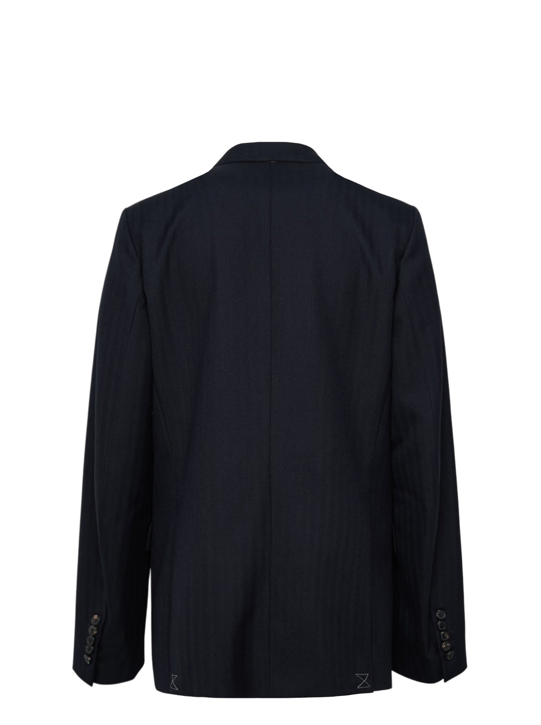 Dries Van Noten navy double-breasted blazer with peak lapels, six dark buttons, hip flap pockets, and an ornate gold embroidered brooch detail on the chest - view 2