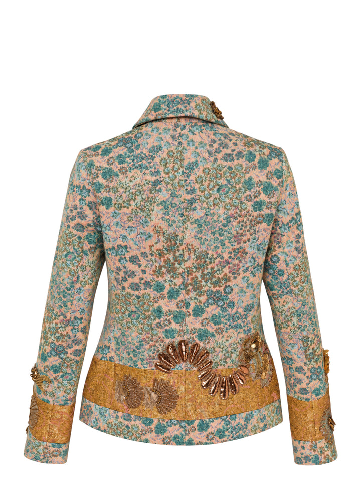 Dries Van Noten lightweight floral jacquard jacket in teal and blush with gold sequin and beaded embroidery, button front and gold brocade hem and cuffs - view 2