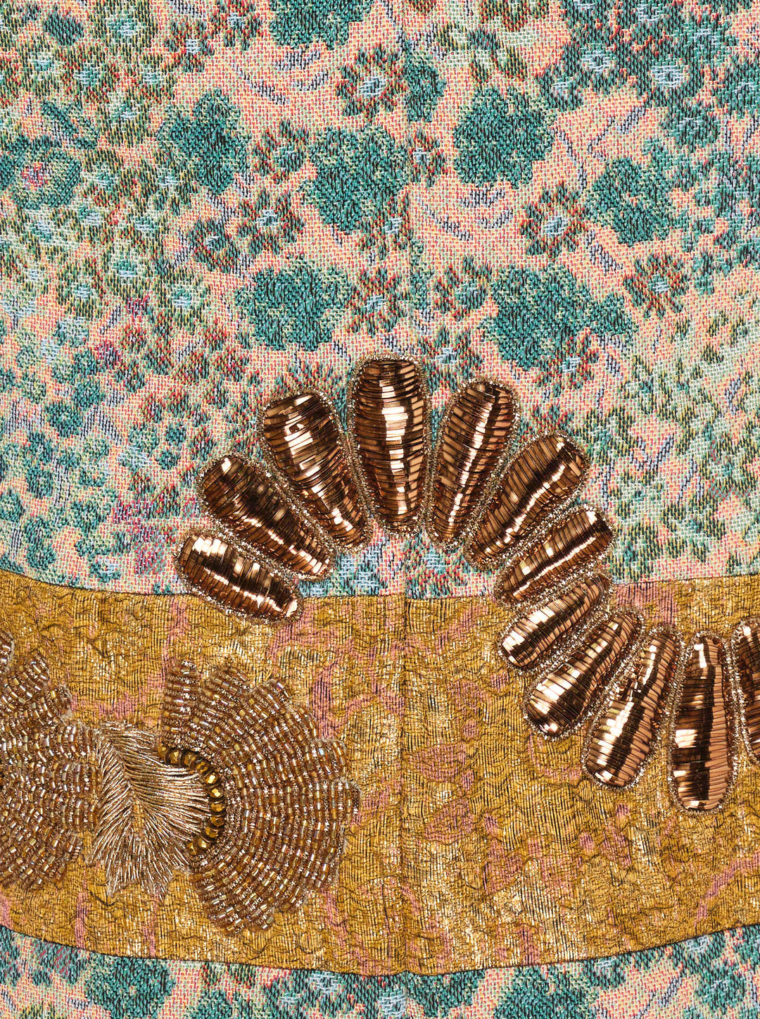 Dries Van Noten lightweight floral jacquard jacket in teal and blush with gold sequin and beaded embroidery, button front and gold brocade hem and cuffs - view 3