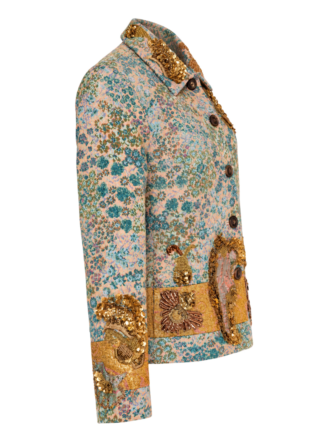 Dries Van Noten lightweight floral jacquard jacket in teal and blush with gold sequin and beaded embroidery, button front and gold brocade hem and cuffs - view 5