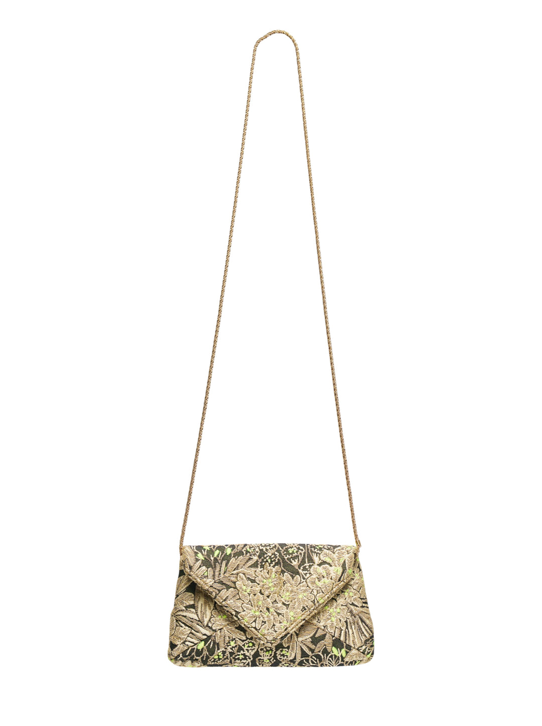Dries Van Noten small floral brocade envelope crossbody bag with braided gold chain strap, featuring gold and neon-green botanical embroidery on a dark jacquard ground