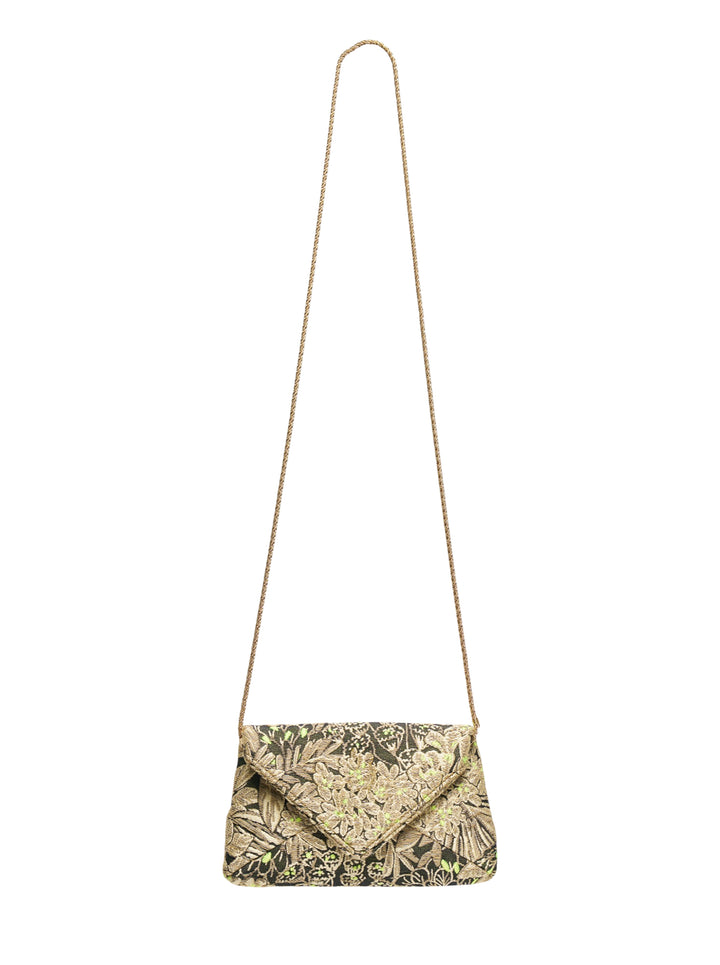 Dries Van Noten small floral brocade envelope crossbody bag with braided gold chain strap, featuring gold and neon-green botanical embroidery on a dark jacquard ground