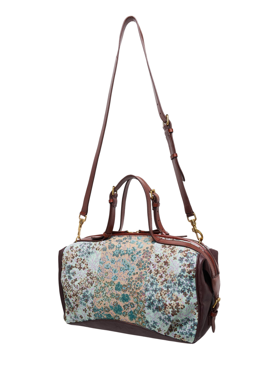 Dries Van Noten medium east-west zip tote in floral jacquard with beaded gold embroidered appliqués, brown leather trim, top handle and adjustable shoulder strap - view 2