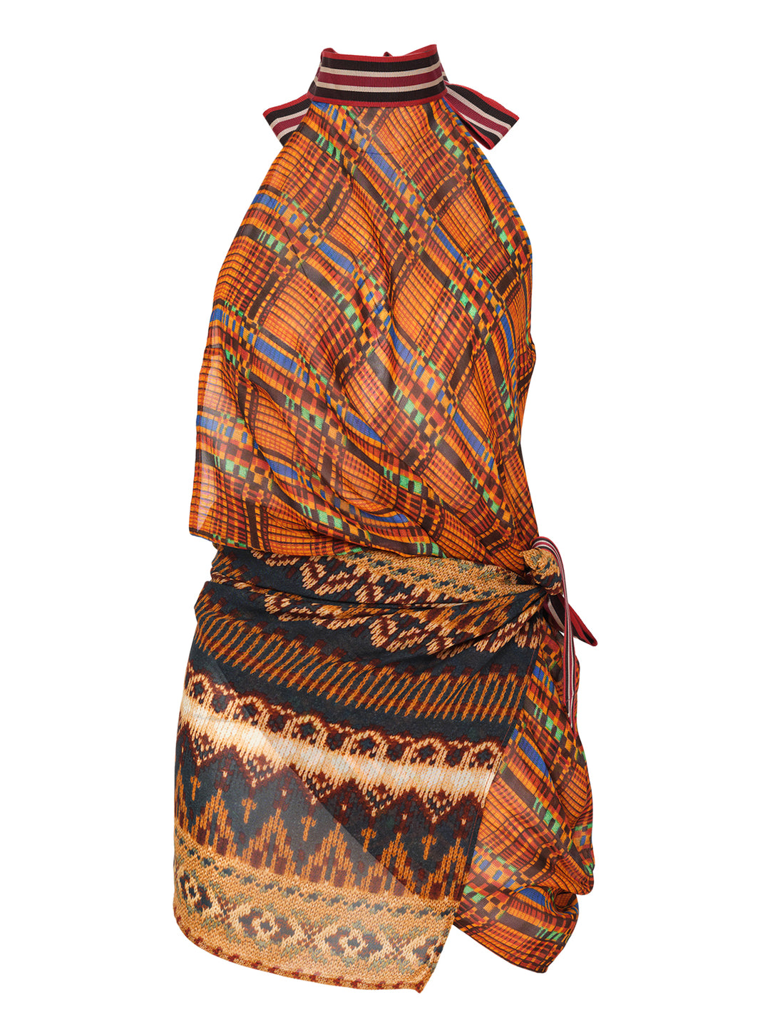 Dries Van Noten Foulard Wrap Skirt with kente-inspired mesh halterneck bodice, striped ribbed collar, and ikat-border draped wrap skirt in amber, charcoal, and burgundy