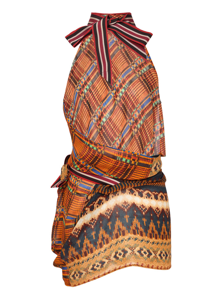 Dries Van Noten Foulard Wrap Skirt with kente-inspired mesh halterneck bodice, striped ribbed collar, and ikat-border draped wrap skirt in amber, charcoal, and burgundy - view 2